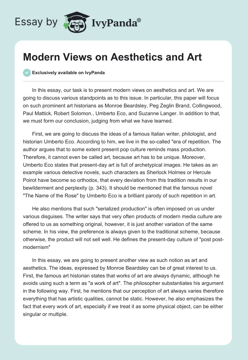 Modern Views on Aesthetics and Art. Page 1