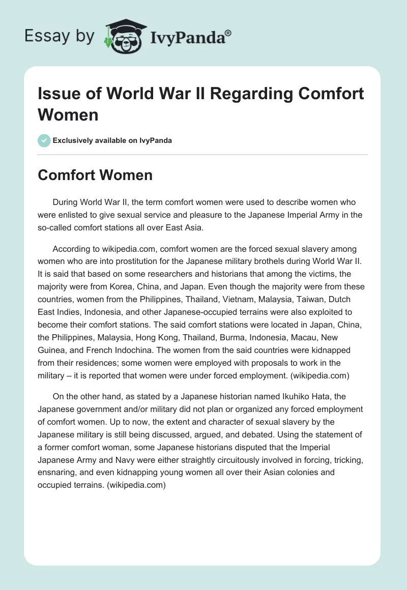 Issue of World War II Regarding Comfort Women. Page 1