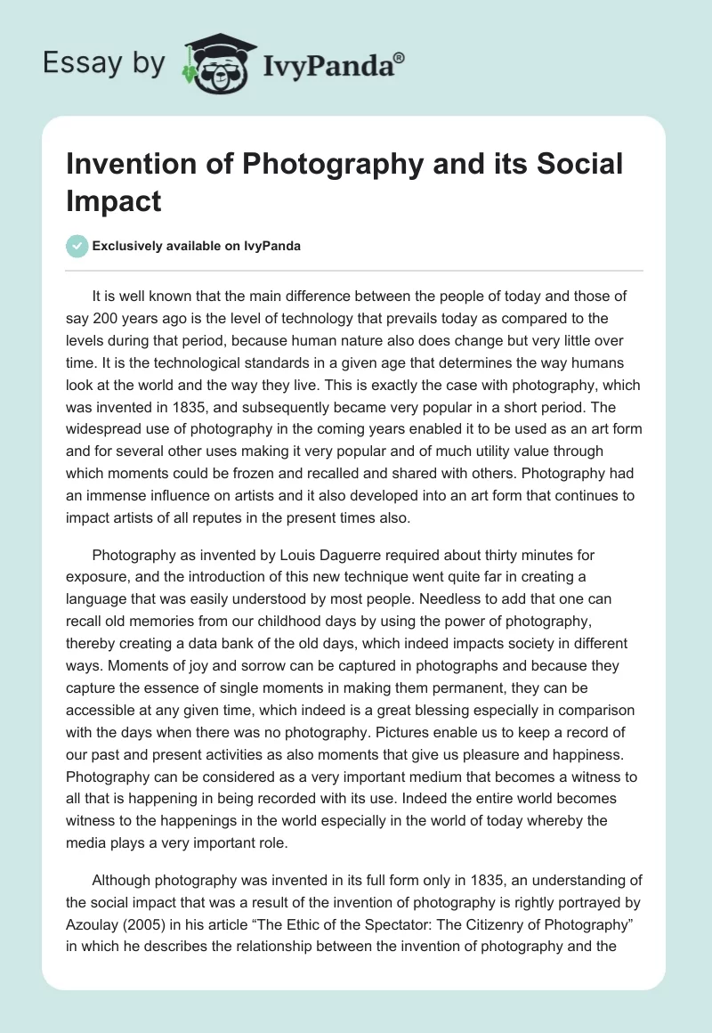 Invention of Photography and Its Social Impact. Page 1