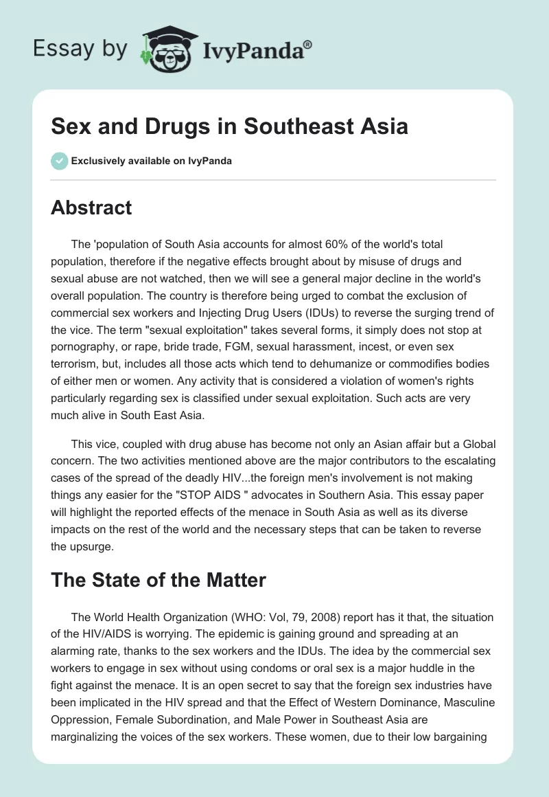 Sex And Drugs In Southeast Asia 1181 Words Term Paper Example