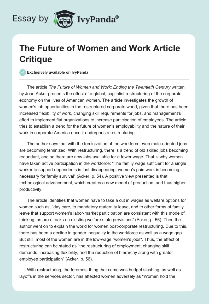 "The Future of Women and Work" Article Critique. Page 1
