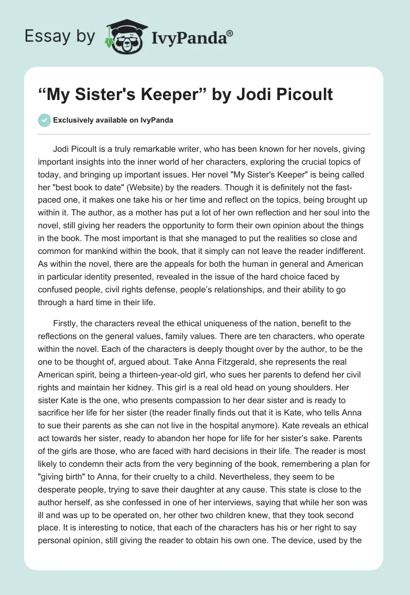 “My Sister's Keeper” by Jodi Picoult. Page 1
