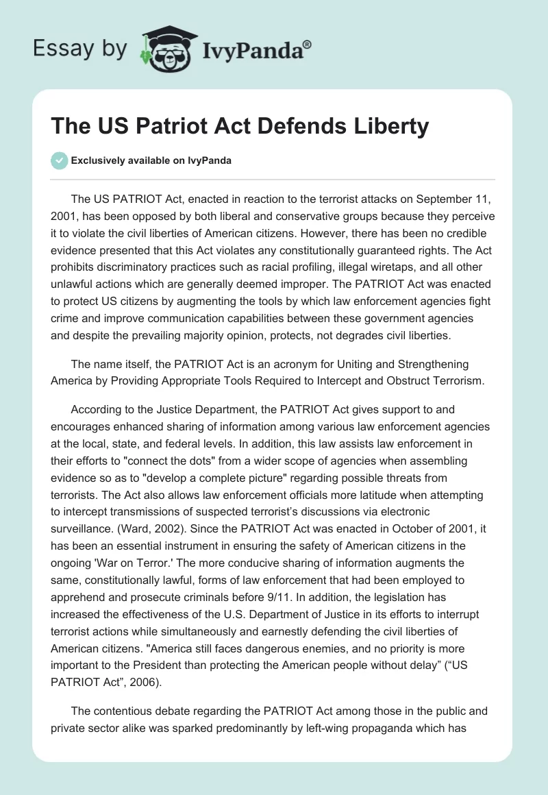 The US Patriot Act Defends Liberty. Page 1