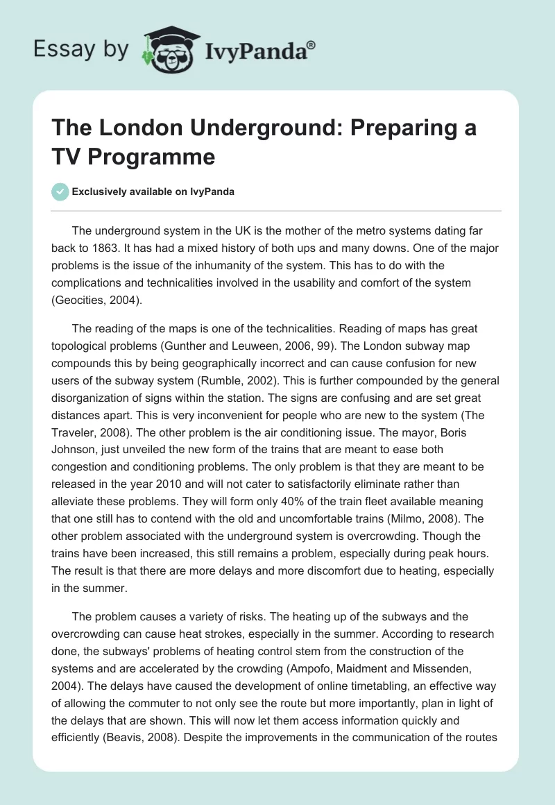 The London Underground: Preparing a TV Programme. Page 1