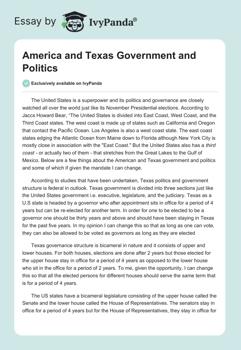 America and Texas Government and Politics. Page 1