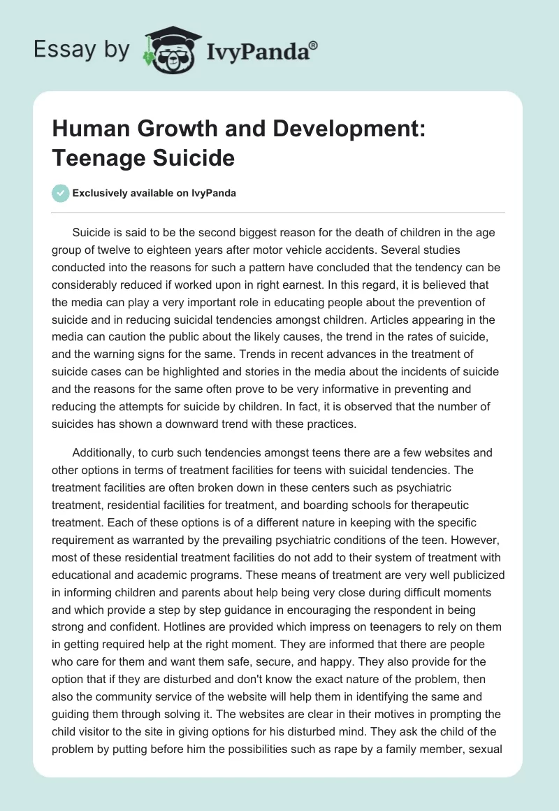 Human Growth and Development: Teenage Suicide. Page 1