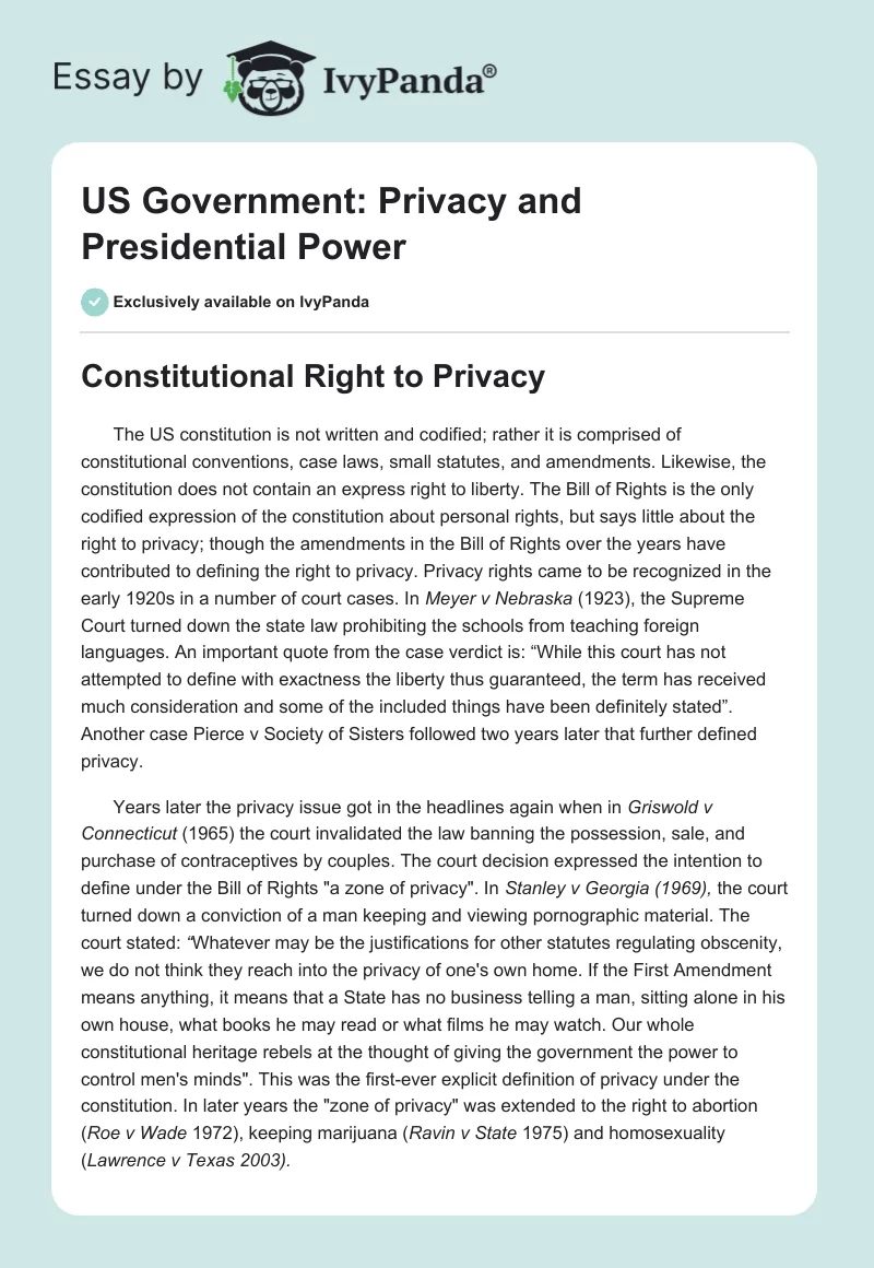 US Government: Privacy and Presidential Power. Page 1