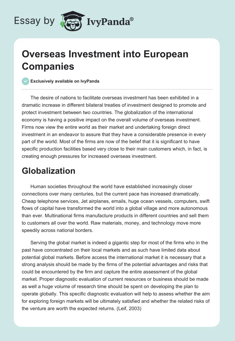Overseas Investment into European Companies. Page 1