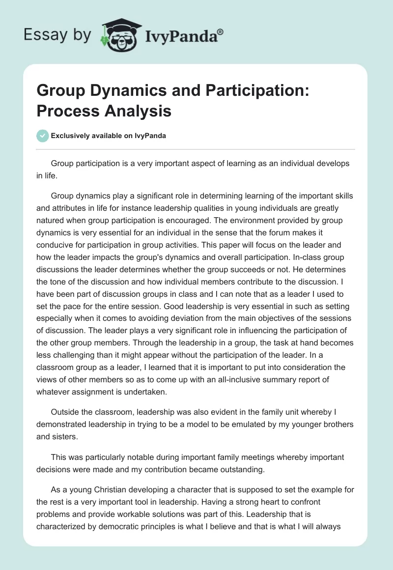 Group Dynamics and Participation: Process Analysis. Page 1