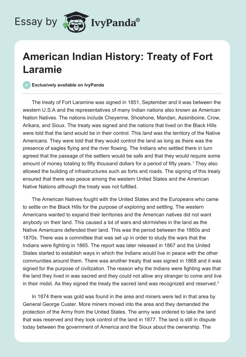 American Indian History: Treaty of Fort Laramie. Page 1