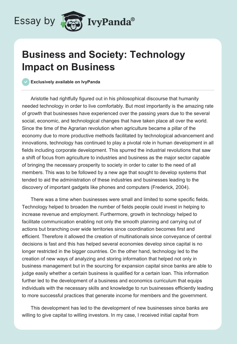 Business and Society: Technology Impact on Business. Page 1