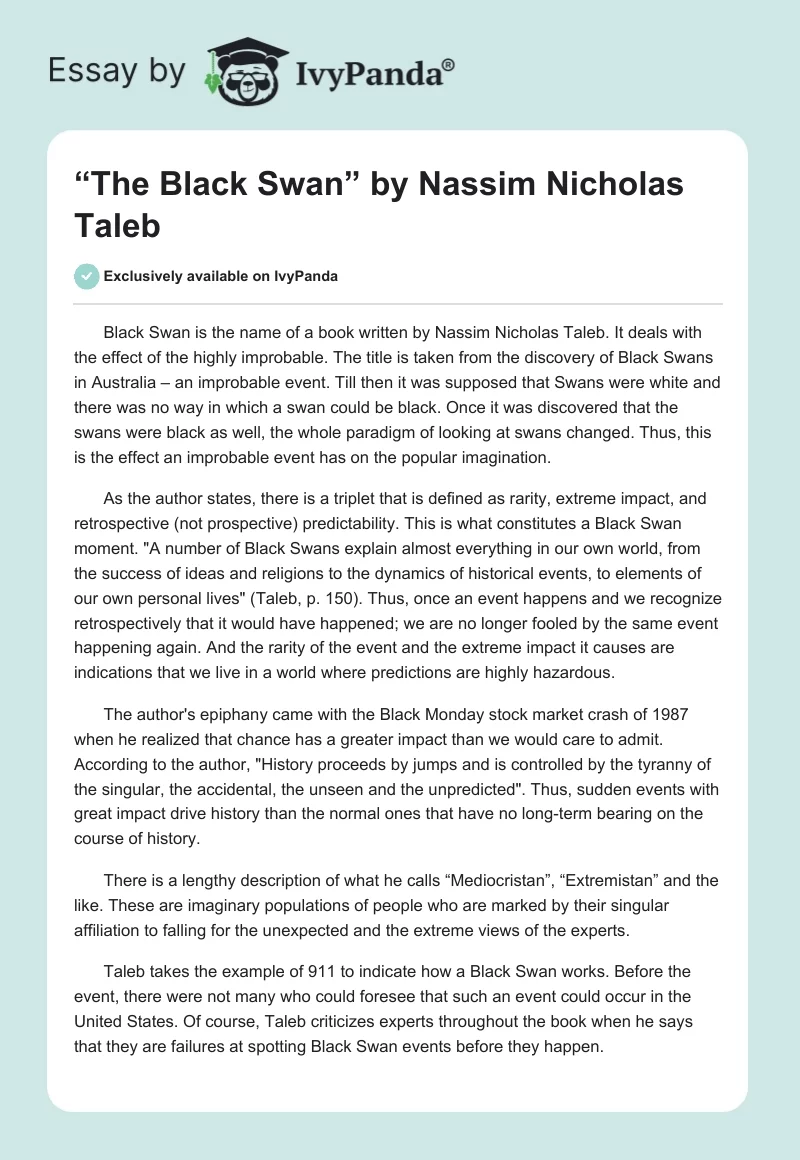 “The Black Swan” by Nassim Nicholas Taleb. Page 1