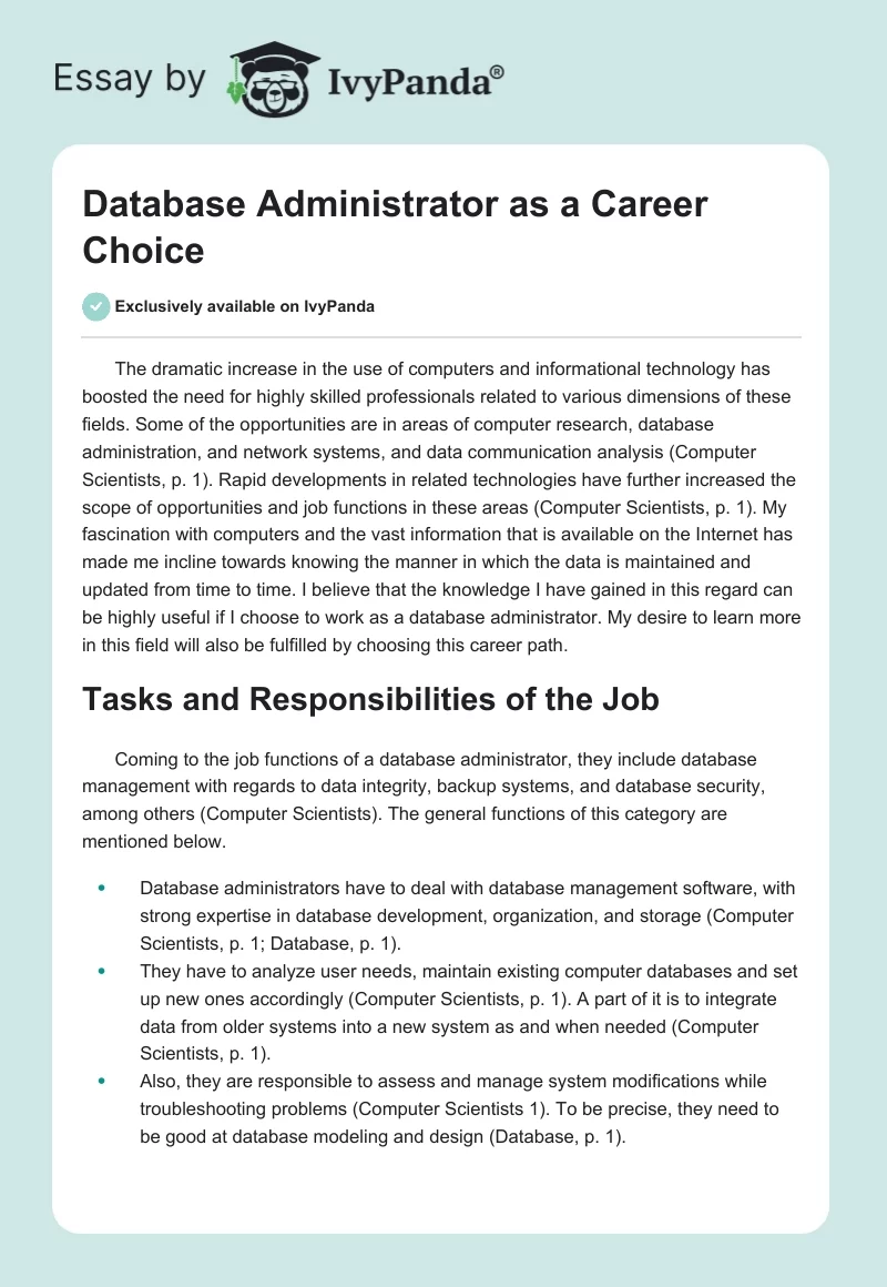 Database Administrator as a Career Choice. Page 1