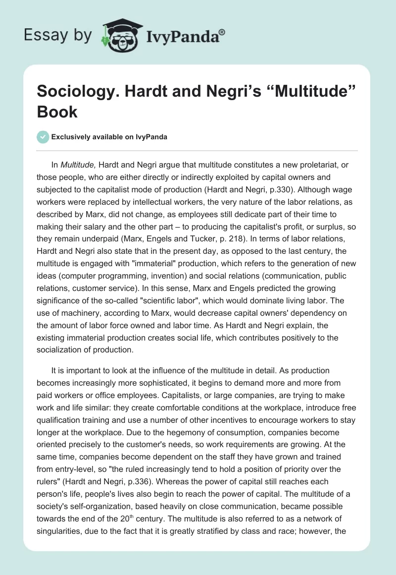 Sociology. Hardt and Negri’s “Multitude” Book. Page 1