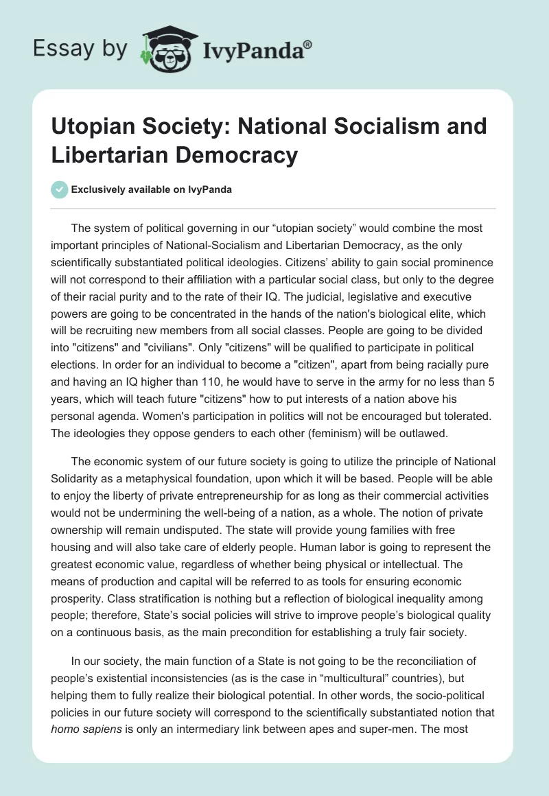 Utopian Society: National Socialism and Libertarian Democracy. Page 1