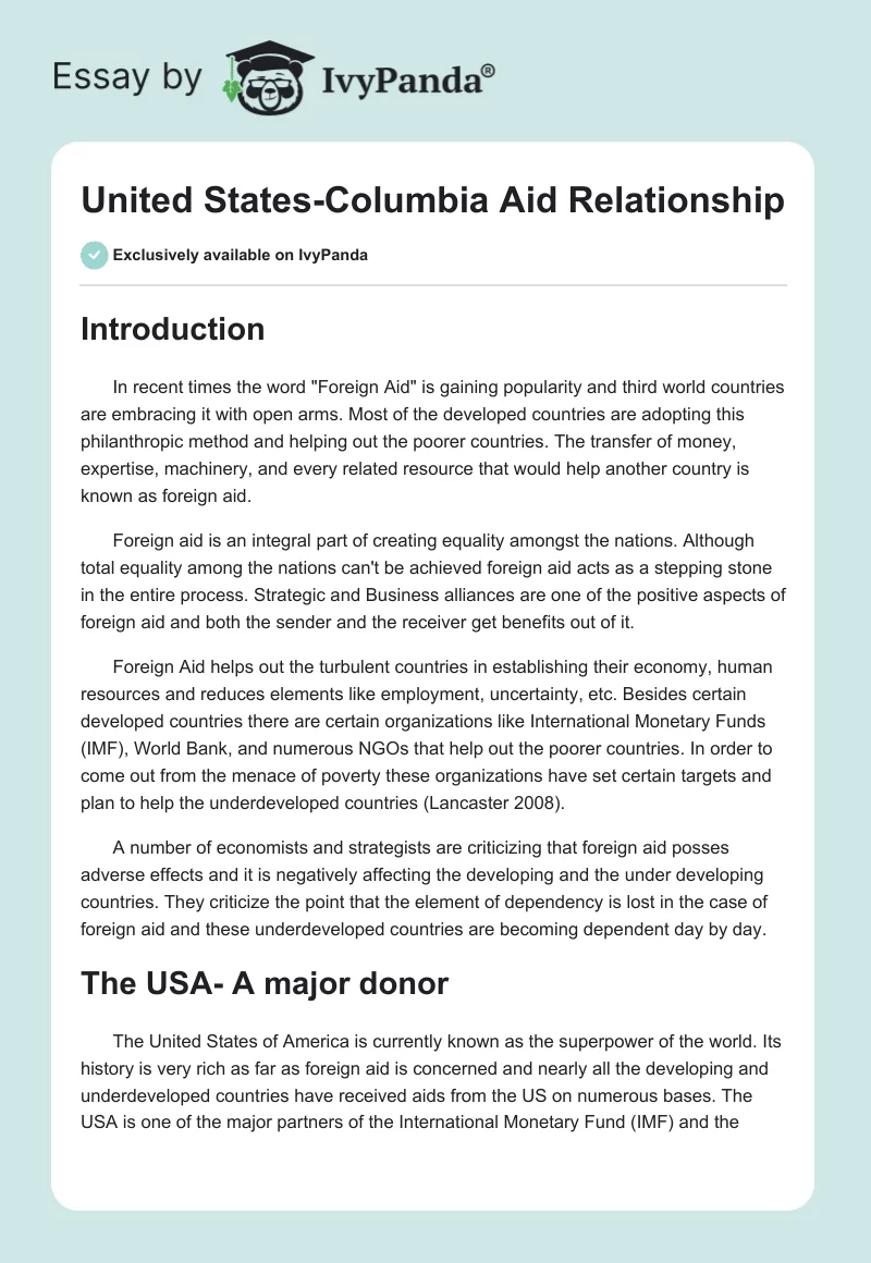 United States-Columbia Aid Relationship. Page 1