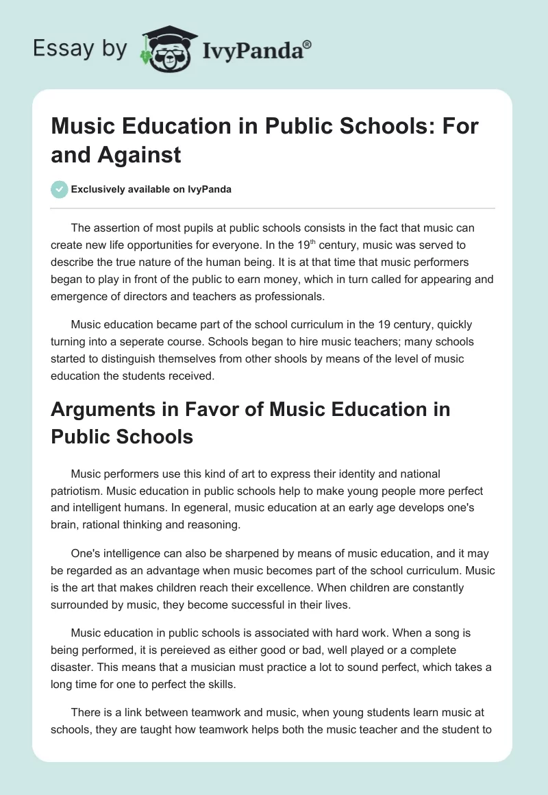 Music Education in Public Schools: For and Against. Page 1