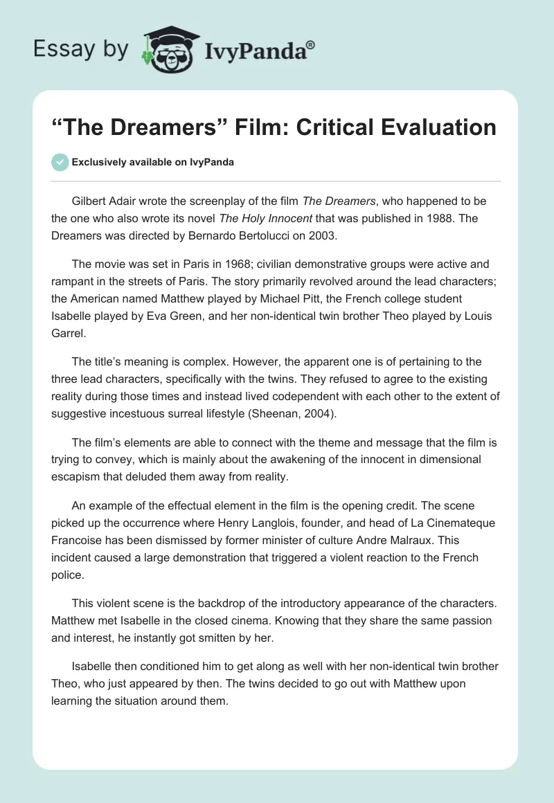 “The Dreamers” Film: Critical Evaluation. Page 1