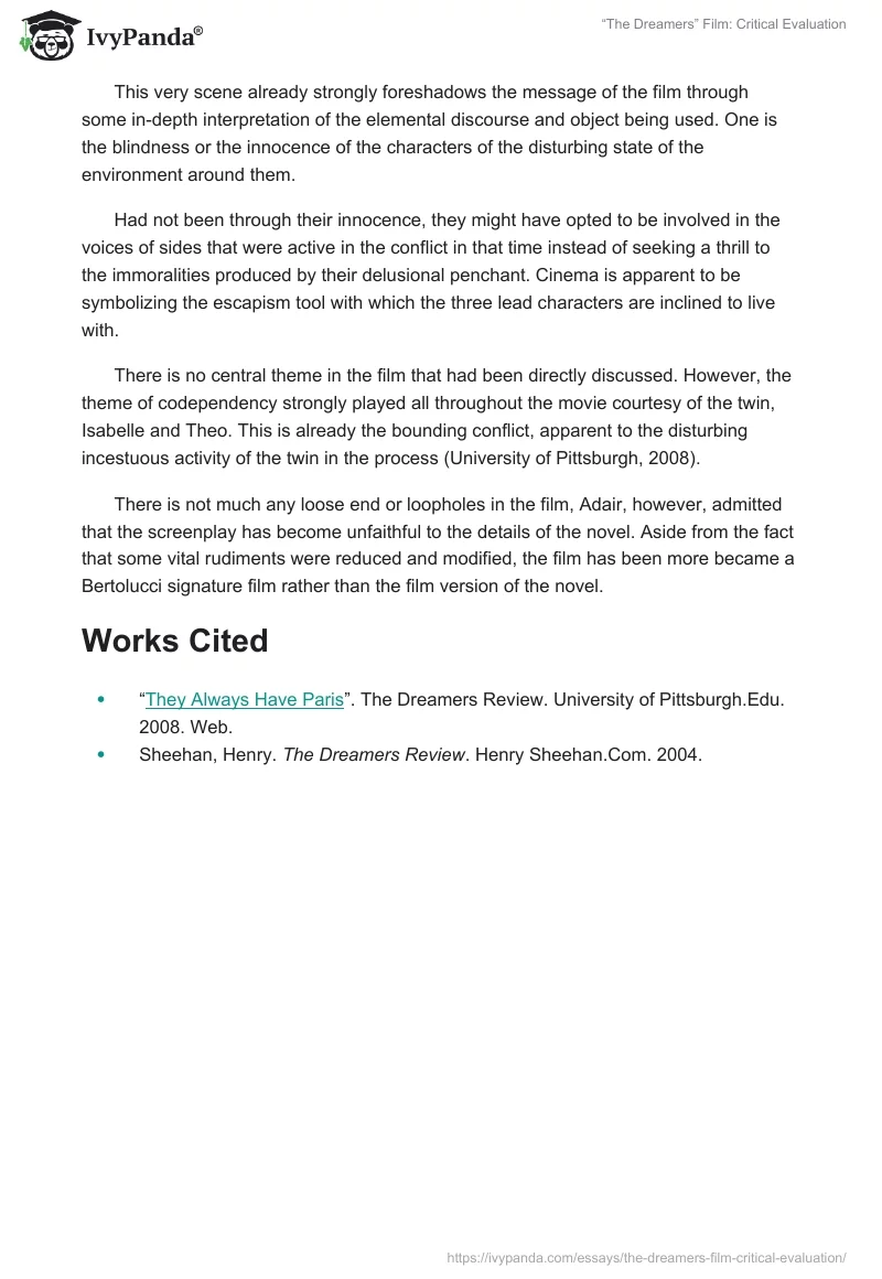“The Dreamers” Film: Critical Evaluation. Page 2