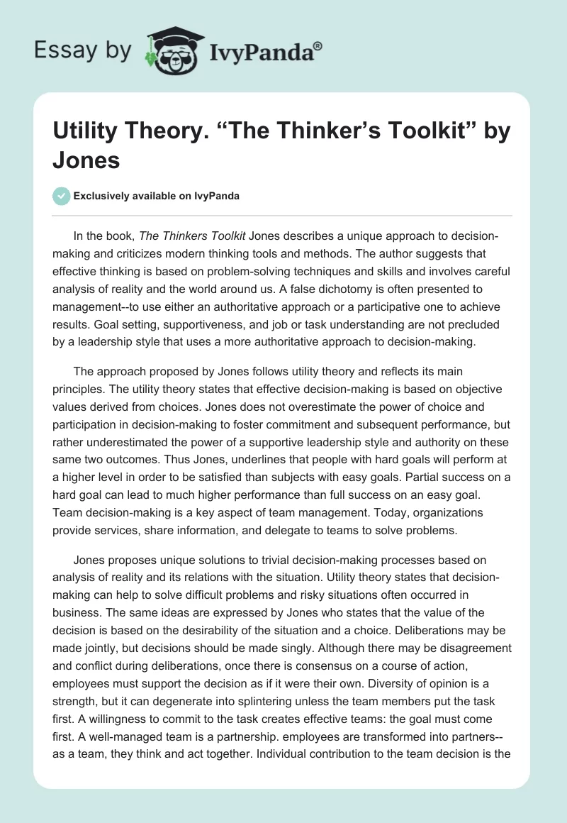 Utility Theory. “The Thinker’s Toolkit” by Jones. Page 1