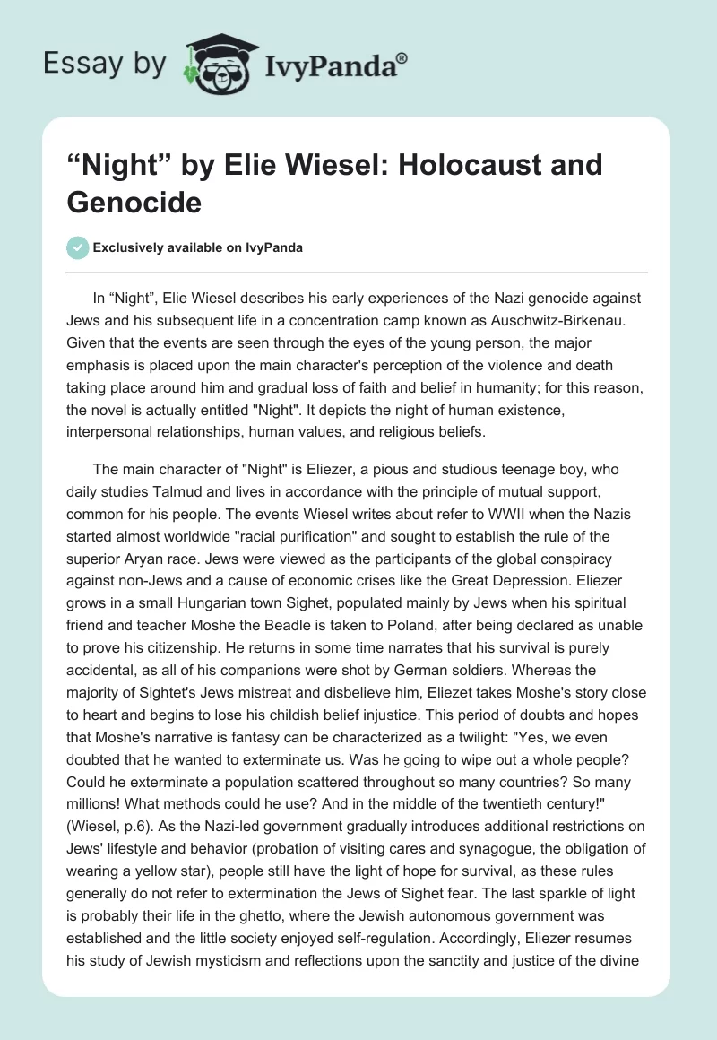 “Night” by Elie Wiesel: Holocaust and Genocide. Page 1
