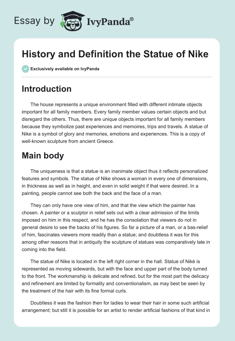 History and Definition the Statue of Nike. Page 1