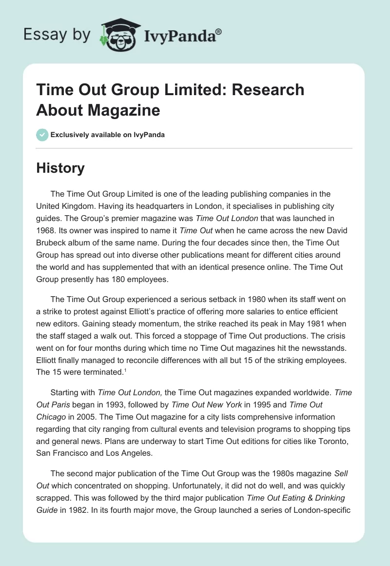 Time Out Group Limited: Research About Magazine. Page 1