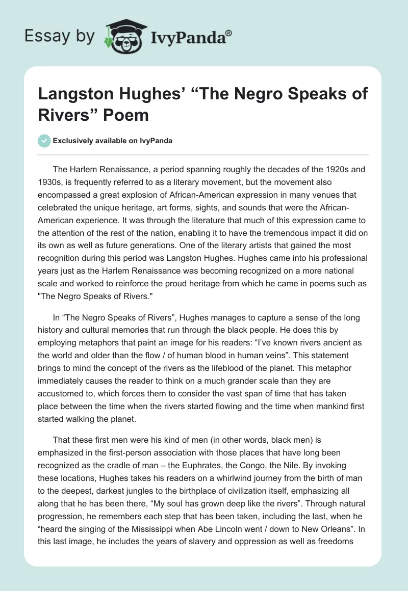 Langston Hughes’ “The Negro Speaks of Rivers” Poem. Page 1