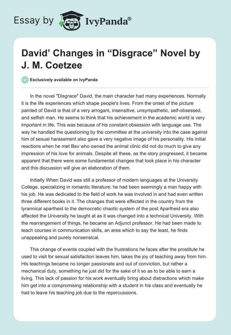David’ Changes in “Disgrace” Novel by J. M. Coetzee. Page 1