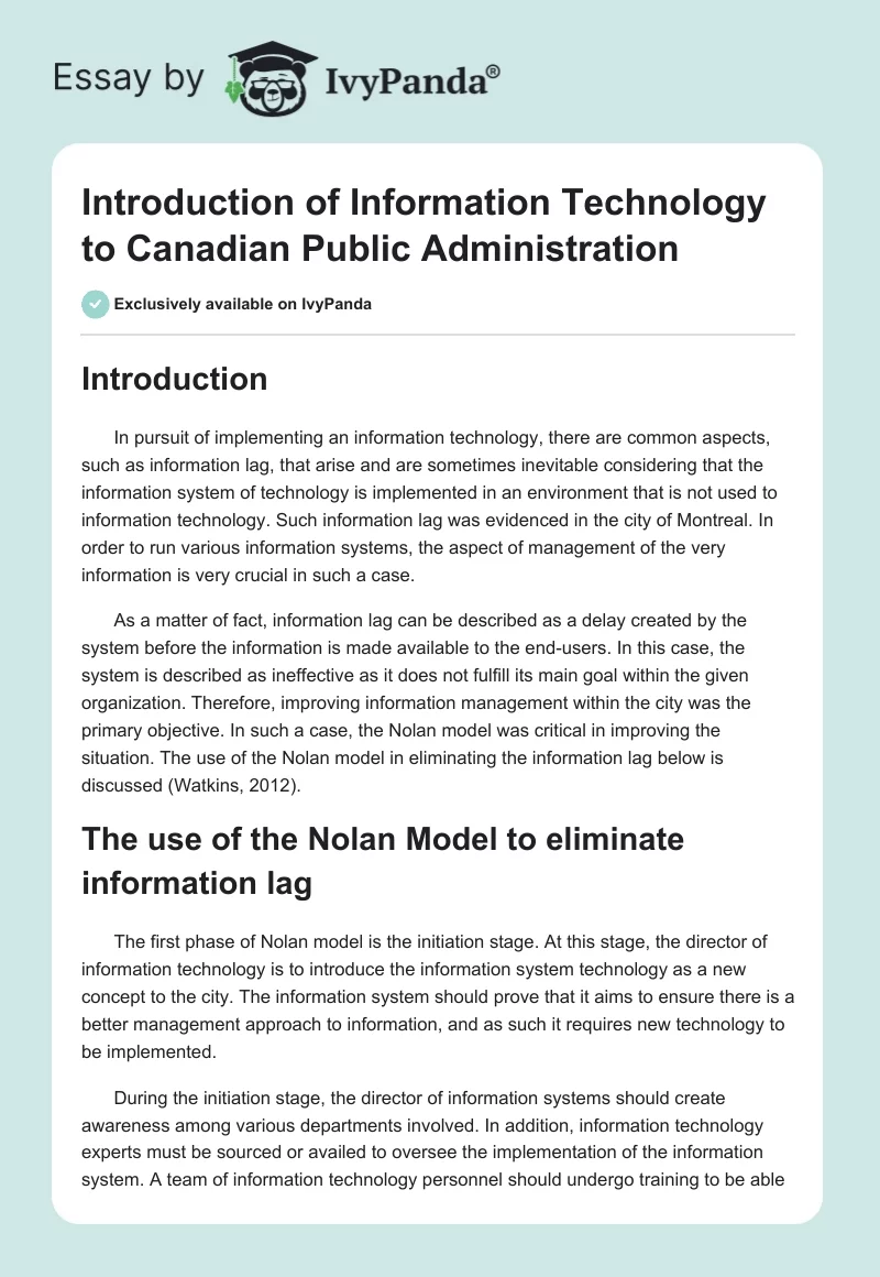 Introduction of Information Technology to Canadian Public Administration. Page 1