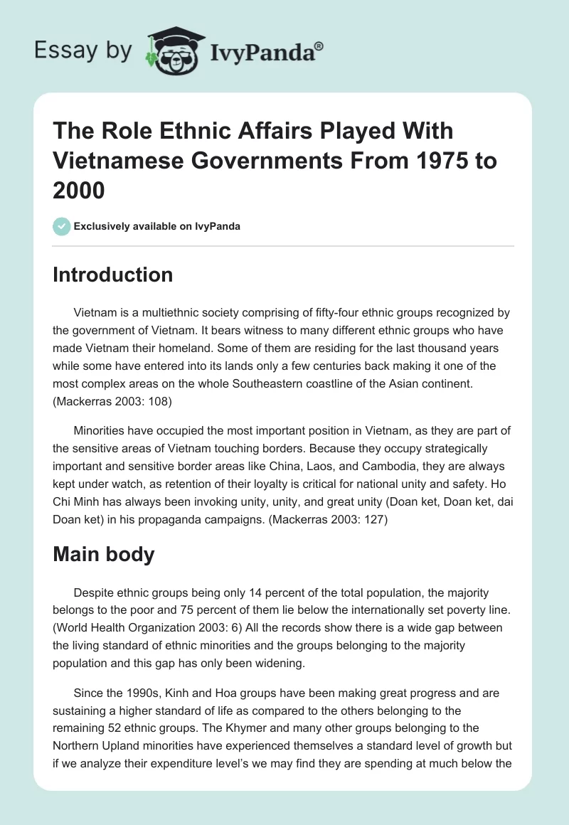 The Role Ethnic Affairs Played With Vietnamese Governments From 1975 to 2000. Page 1