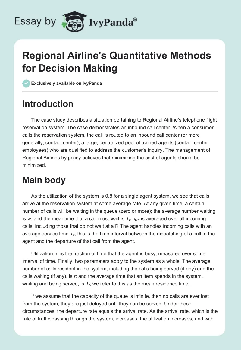 Regional Airline's Quantitative Methods for Decision Making. Page 1