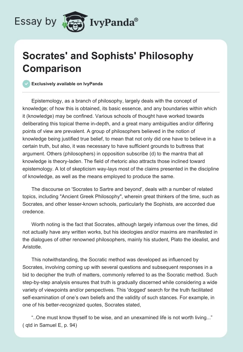 Socrates' and Sophists' Philosophy Comparison. Page 1