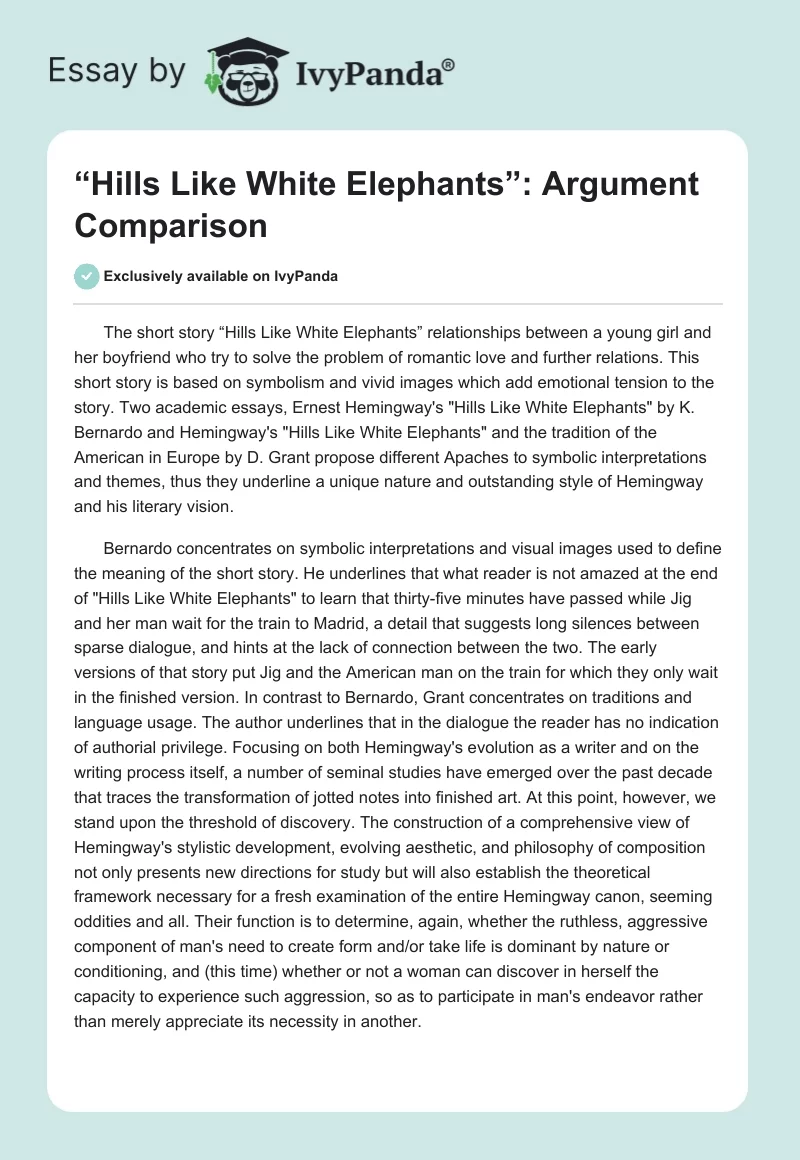 “Hills Like White Elephants”: Argument Comparison. Page 1