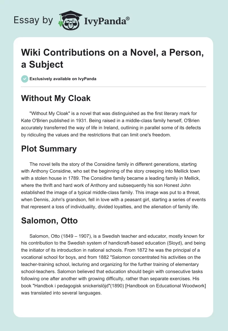 Wiki Contributions on a Novel, a Person, a Subject. Page 1