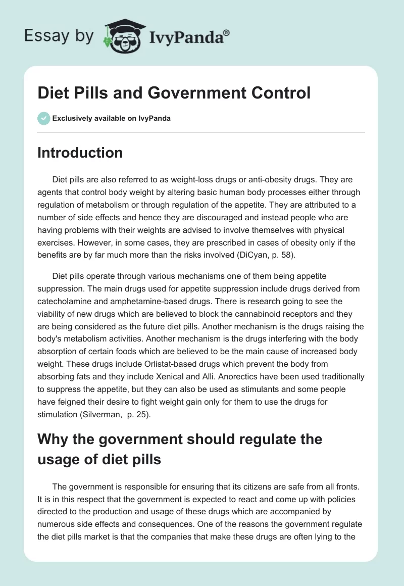 Diet Pills and Government Control. Page 1