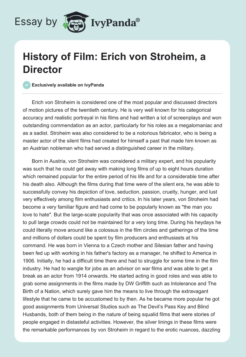 History of Film: Erich von Stroheim, a Director. Page 1