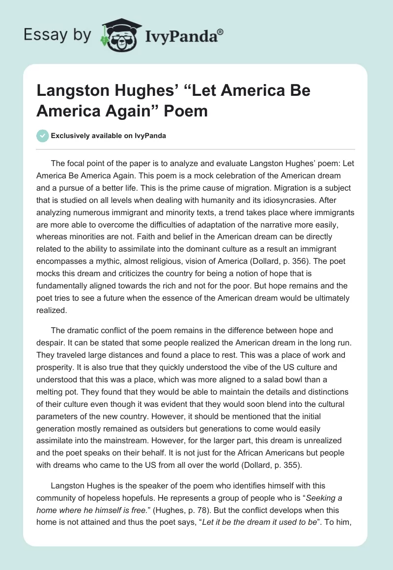 Langston Hughes’ “Let America Be America Again” Poem. Page 1
