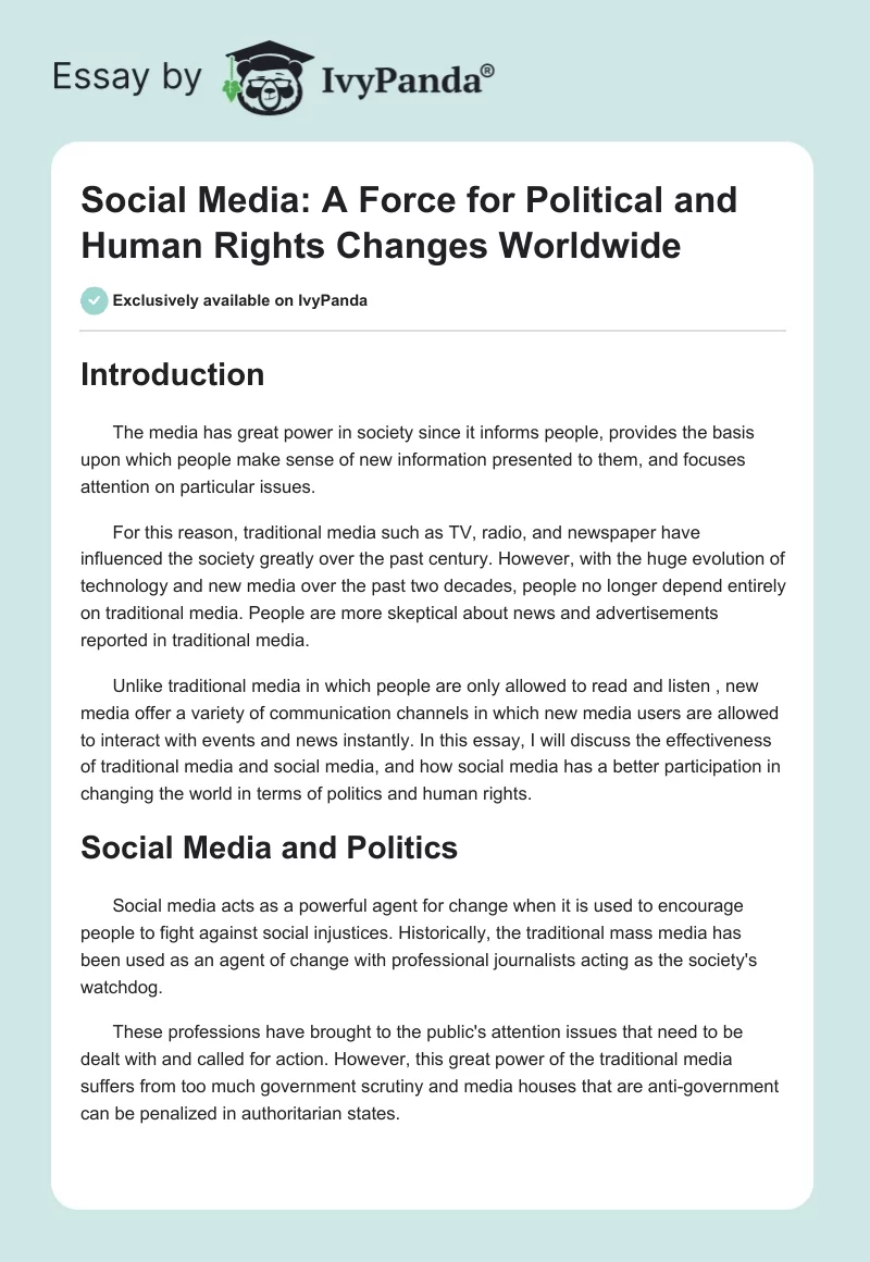 Social Media: A Force for Political and Human Rights Changes Worldwide. Page 1