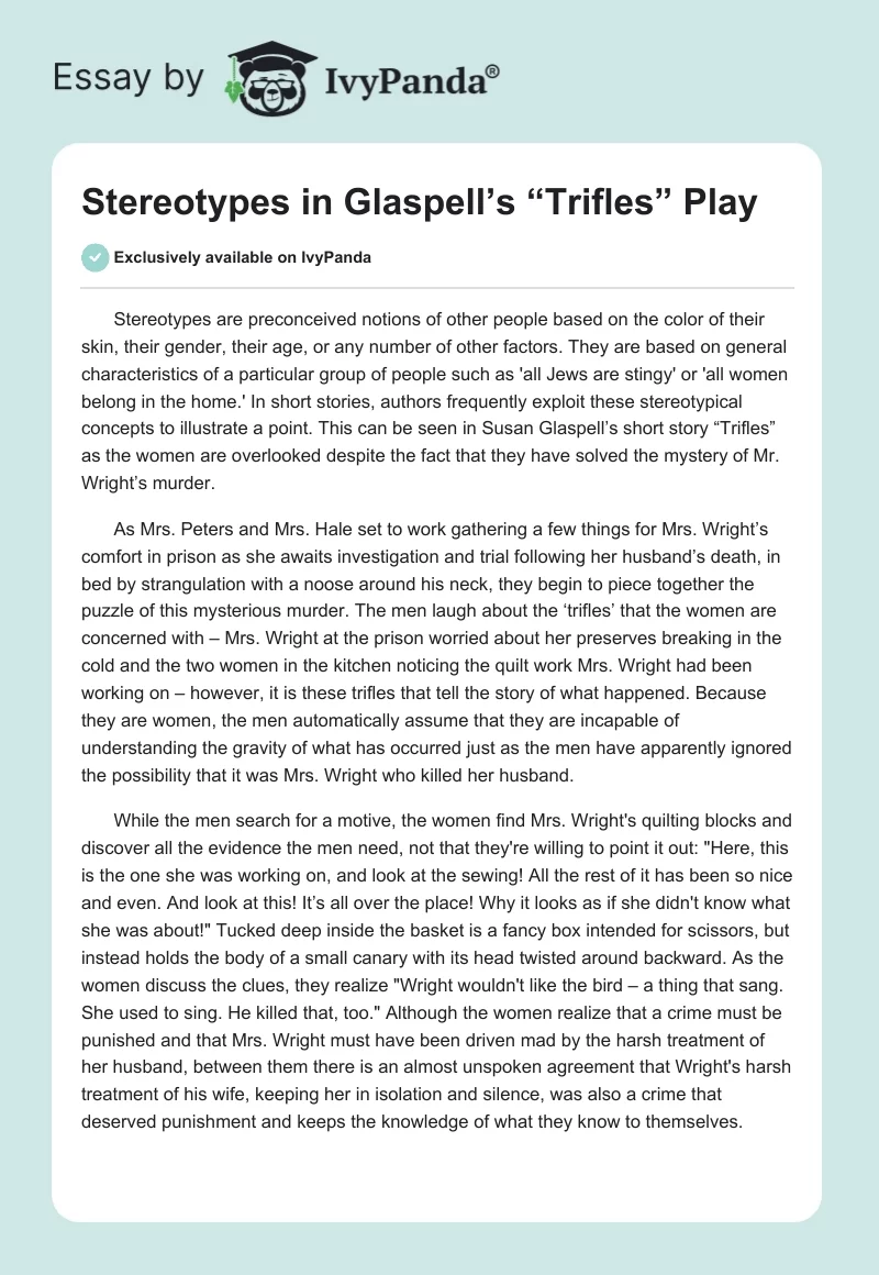 Stereotypes in Glaspell’s “Trifles” Play. Page 1