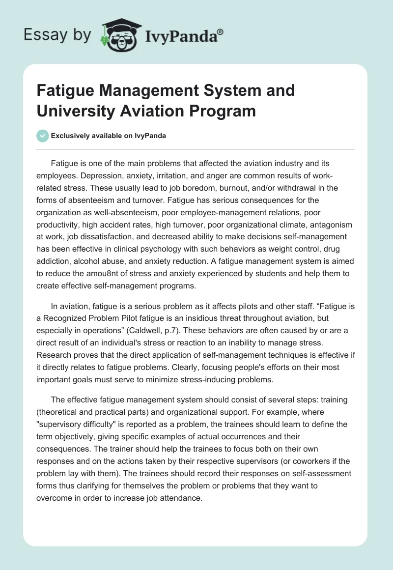 Fatigue Management System and University Aviation Program. Page 1