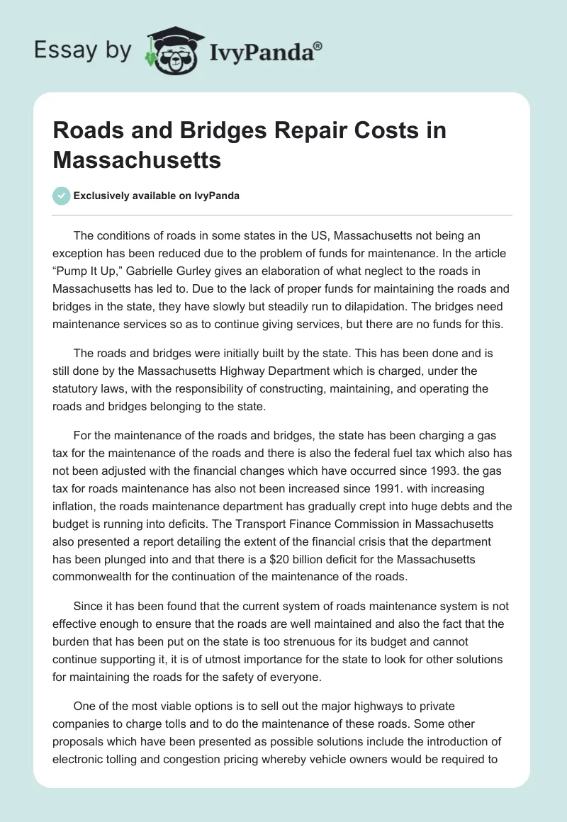 Roads and Bridges Repair Costs in Massachusetts. Page 1