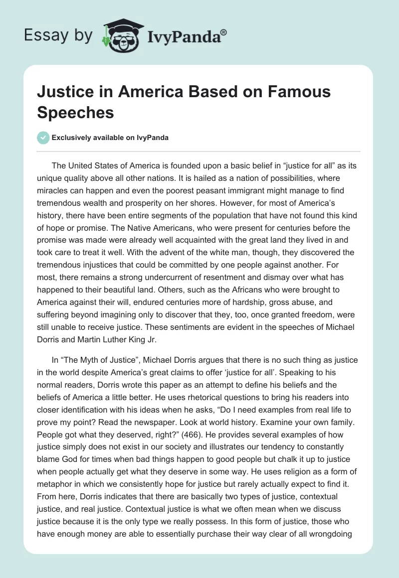 Justice in America Based on Famous Speeches. Page 1