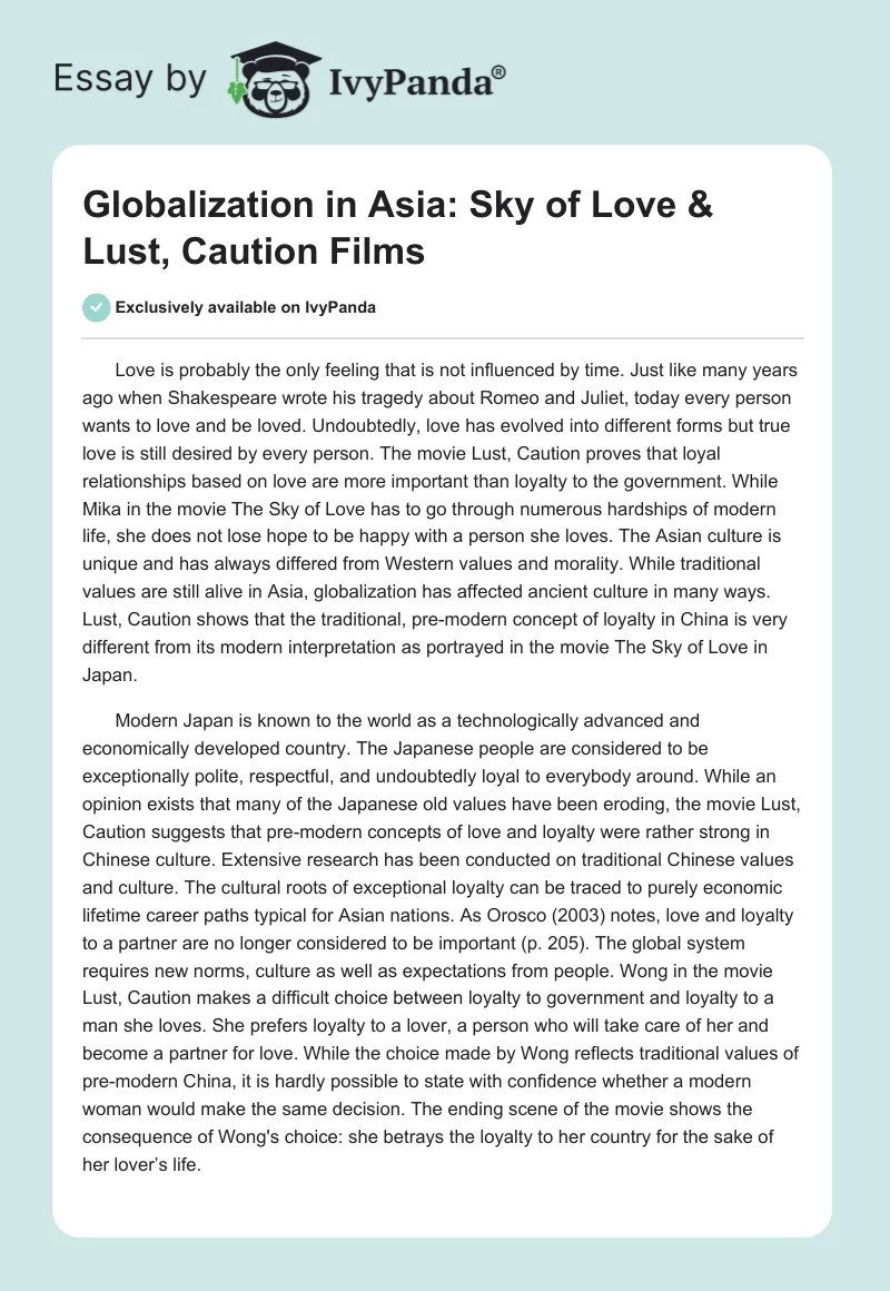 Globalization in Asia: Sky of Love & Lust, Caution Films. Page 1