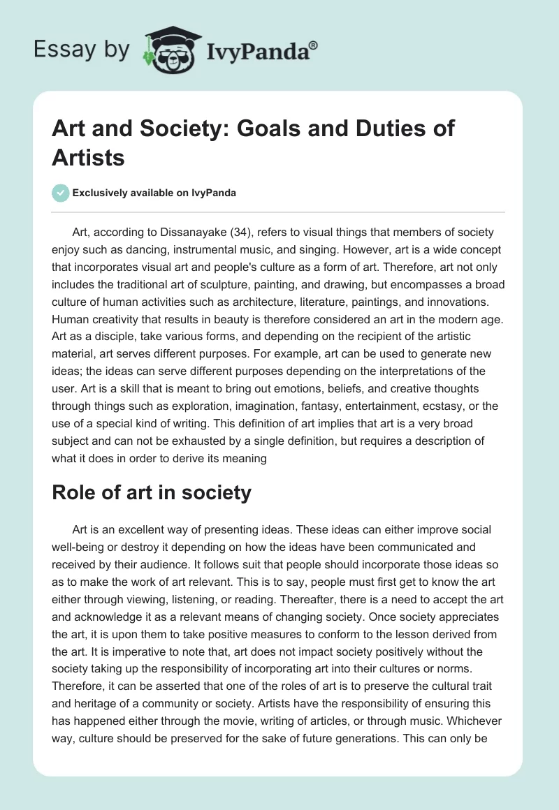 Art and Society: Goals and Duties of Artists. Page 1