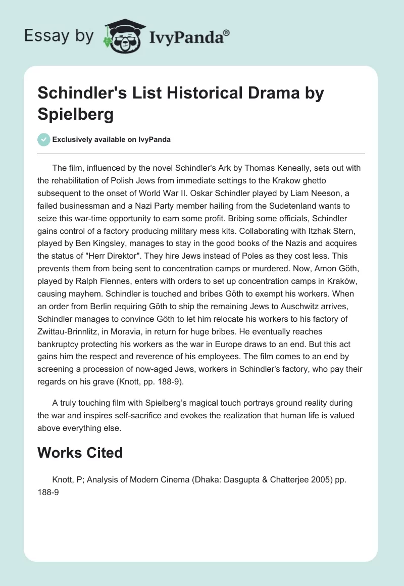 "Schindler's List" Historical Drama by Spielberg. Page 1