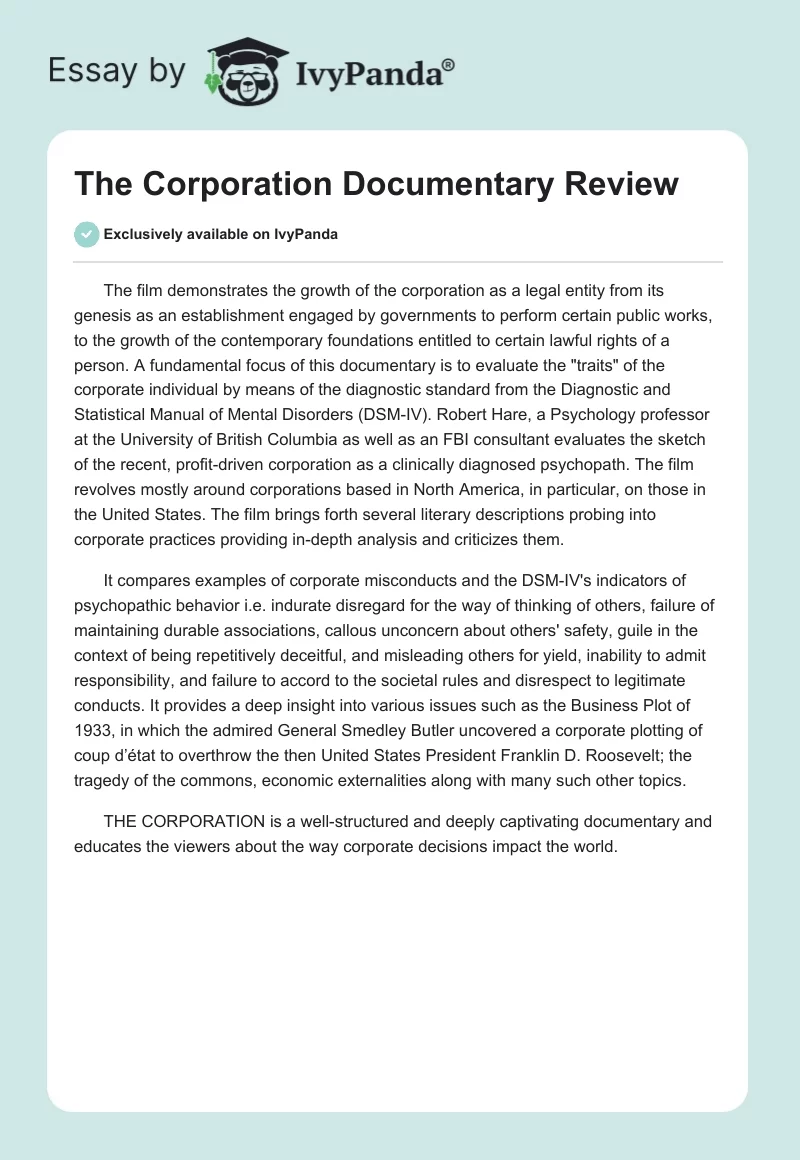 "The Corporation" Documentary Review. Page 1