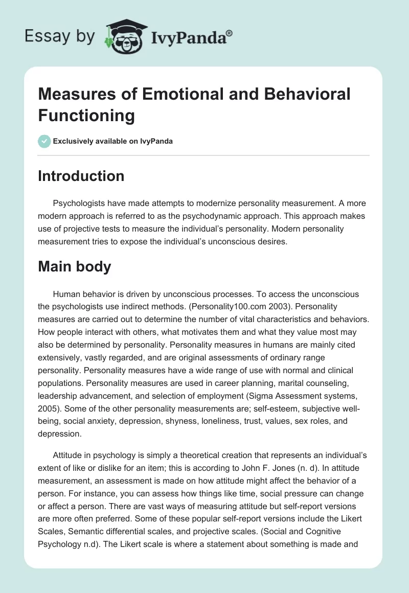 Measures of Emotional and Behavioral Functioning. Page 1