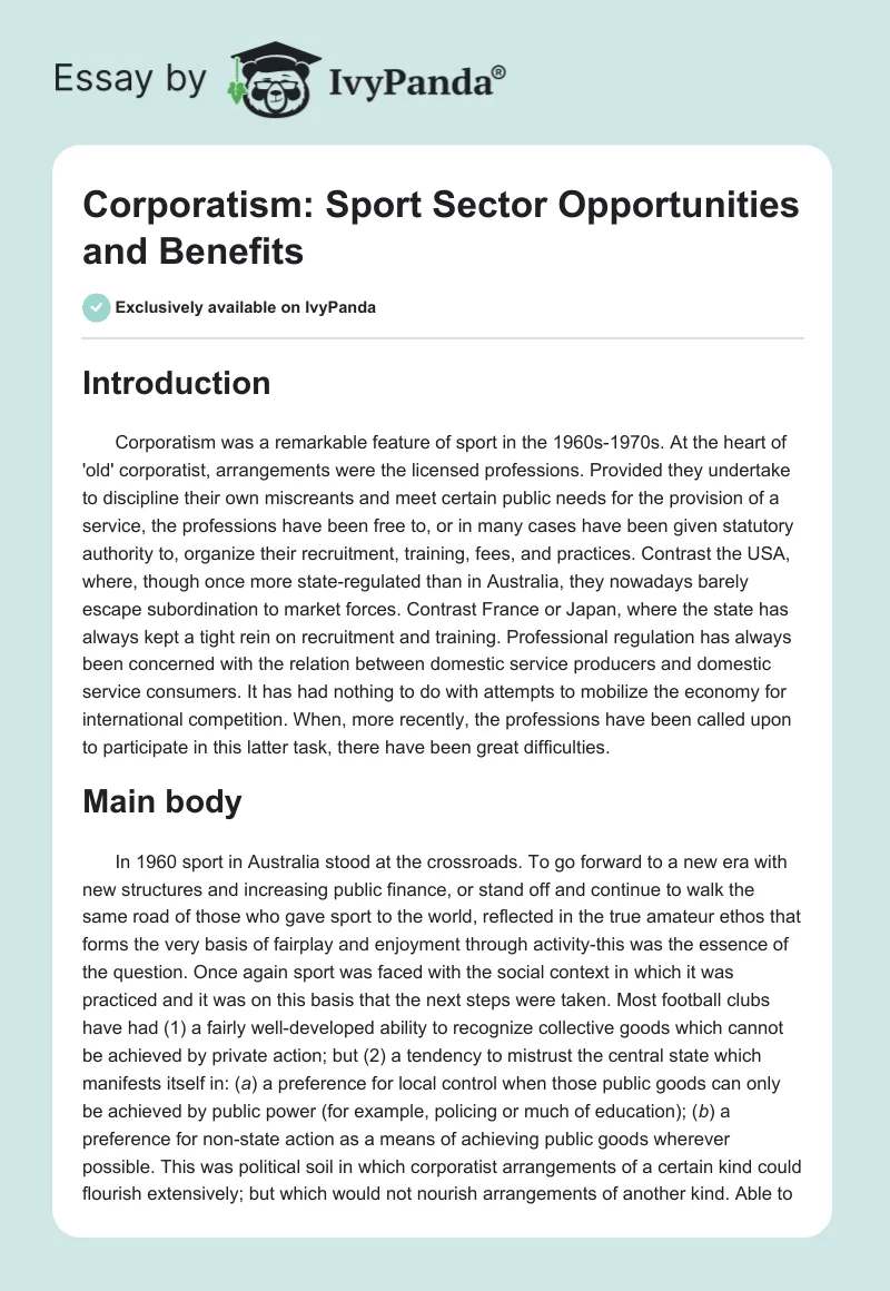 Corporatism: Sport Sector Opportunities and Benefits. Page 1
