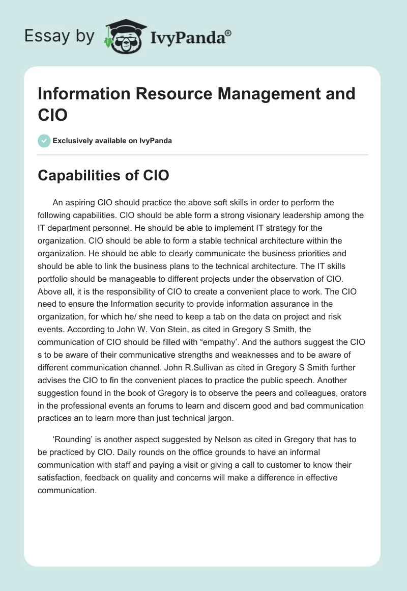 Information Resource Management and CIO. Page 1